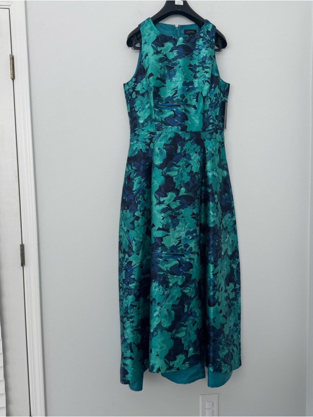 NWT Tahari ASL Maxi Gown Teal Navy Jade Abstract Floral High Low Dress 12